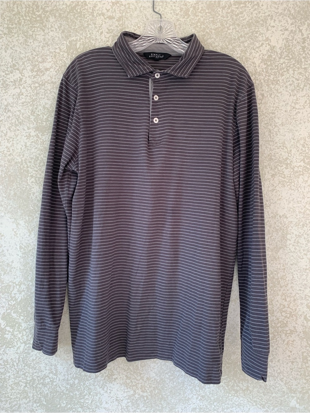 Simply Southern Men's Long-Sleeve Striped Polo Charcoal & White Narrow Stripe L